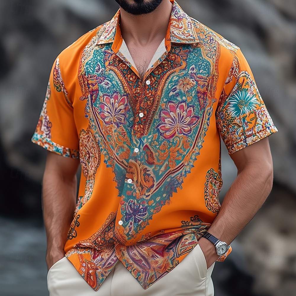 Herr Blomtryck Indisk Bohem Skjorta Hawaii skjorta Knapp upp skjorta Kortärmad Hawaiisk Semester Helgdag Standkläder Sommar Vår Nedvikt 3D-utskrift krage skjortor Blå Orange 2025 - $23.99 –P1
