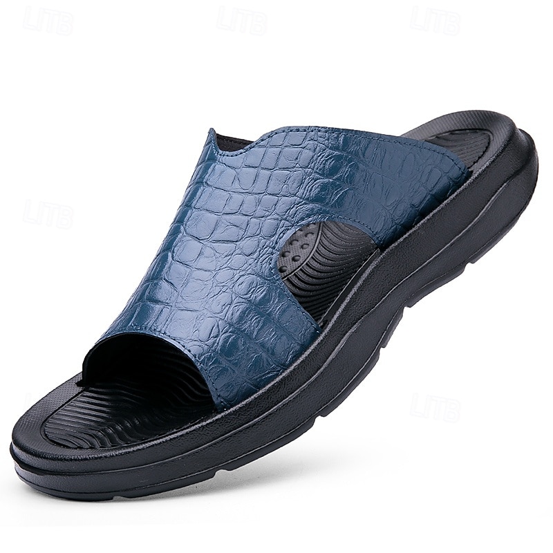 Men's Copper Faux Leather Slide Sandals with Embossed Crocodile Pattern and Black Cushioned Sole – Stylish Slip-On Sandals for Indoor Lounge, Poolside Relaxation, or Resort Wear 2025 - $34.99 –P3