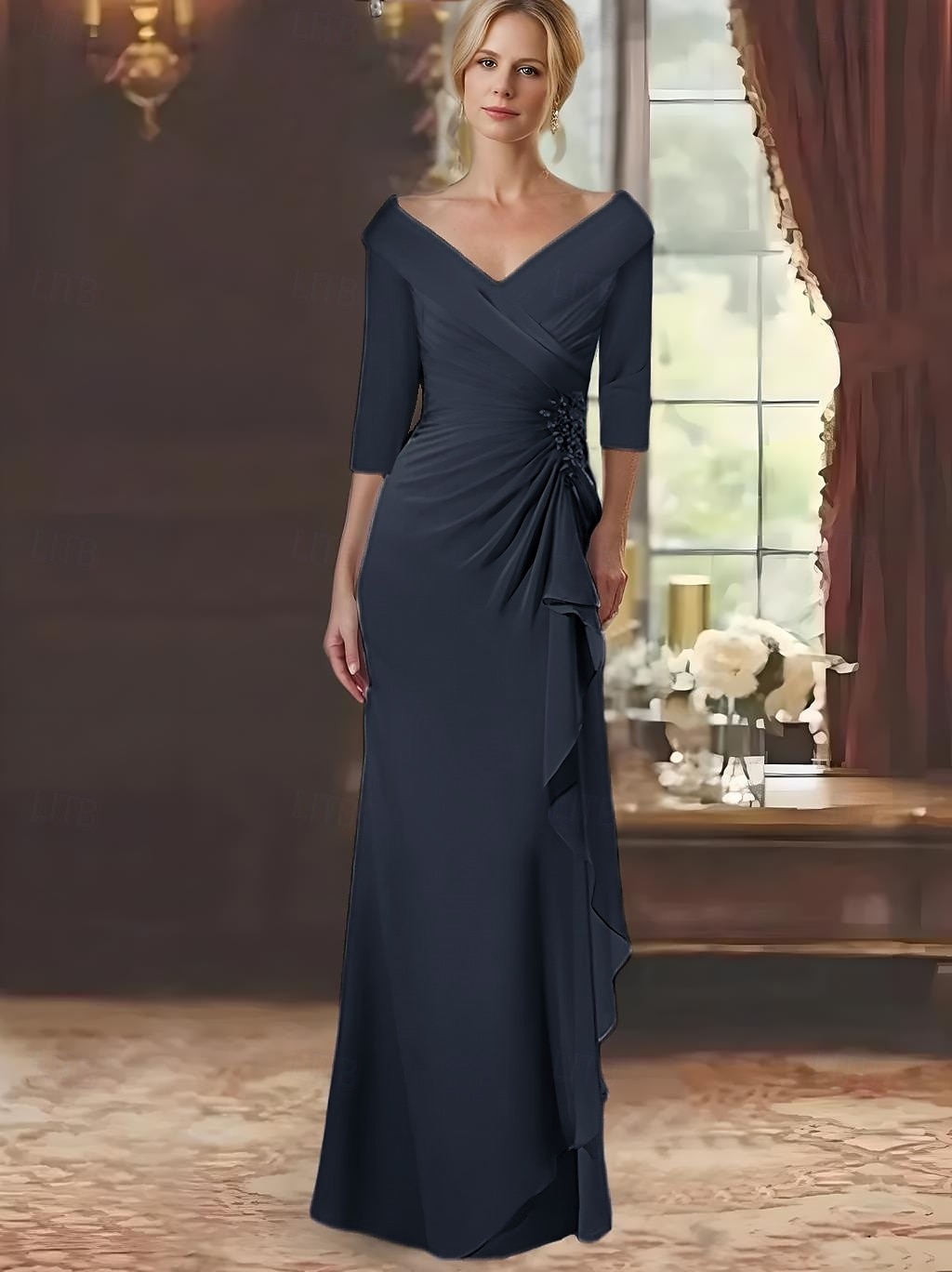 A-vonalú Anyának a Menyasszonyhoz Ruha Elegáns V Nyakú Padló Hossza Chiffon Csipke Hosszú Ujjú Leomló Rózsákkal 2025 - $139.99 –P5