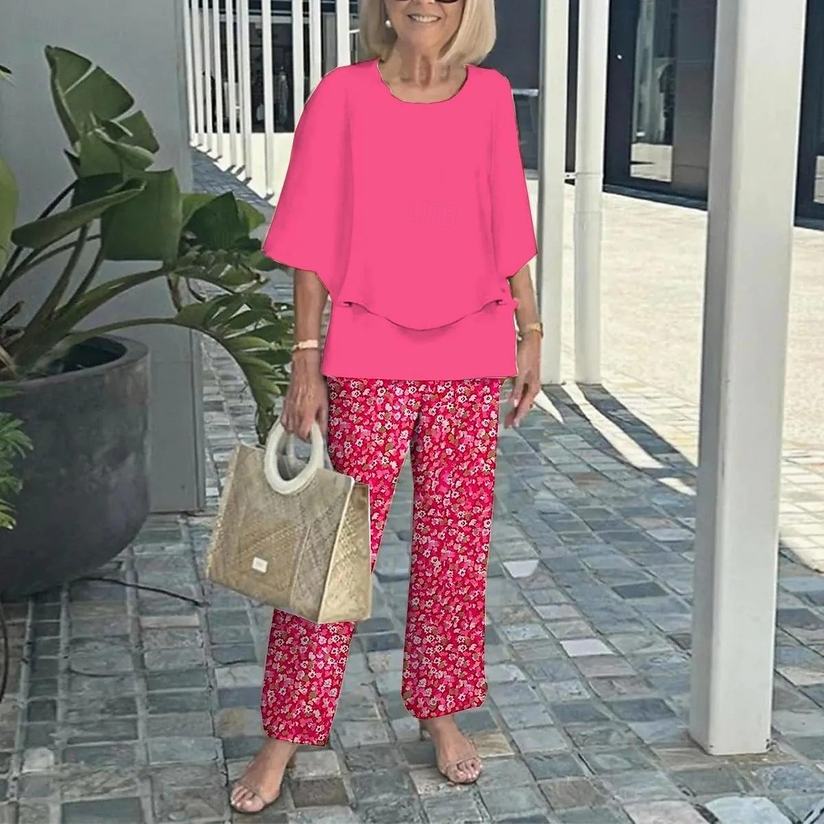 Damer 2 Deler Motemote Gateklesplagg Daglig Bukse Sett Halv Erme Crew Hals Blomster Grafisk Ferie Casual Daglig Rosa Blå Himmelblå Sommer Løs Fit 2025 - $41.99 –P4
