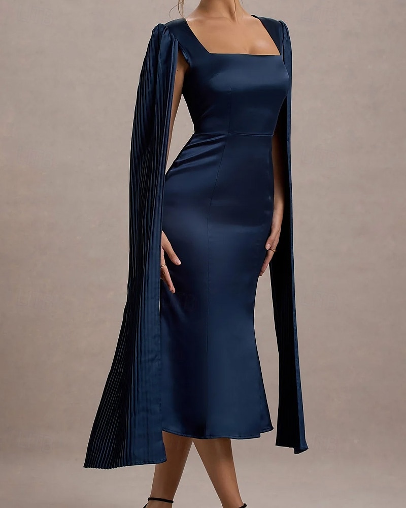 Senapsgul Klänning Fåll Cape Klänning Havfru  Trumpet Cocktail Klänningar Elegant Klänning Formell Bröllop Gäst Klänning Te Längd Midi Längd Fyrkantig Halsringning Siden 2025 - $136.99 –P8