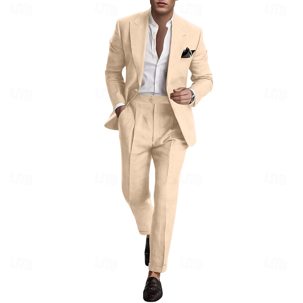 Pour des hommes Mariage Affaires Costumes en lin Revers en Pointe Rose Claire Bleu Ciel Mode Occasionnel Couleur Unie Coupe Standard 2 pièces Simple boutonnage un bouton de 2025 ? $115.99 –P4