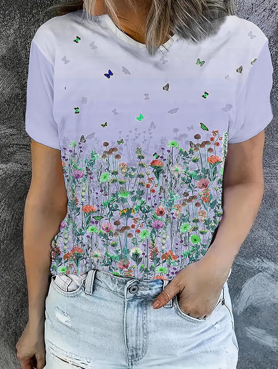Femmes T-shirt Hauts d'été Fleuri Papillon Classique Occasionnel Manche Courte Col ras du cou Hauts courts Quotidien Week-end Imprimé Jaune Vert Claire Violet Été Printemps Automne de 2025 ? $14.99 –P1