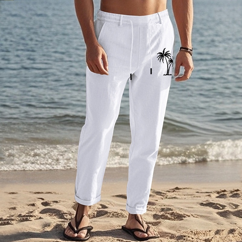 Férfi Vászon nadrág Nadrág Nyári nadrág Strand nadrág Zseb Zsinór Rugalmas derék Kókuszfa Mokaszinok Légáteresztő Vakáció Napi Szabadság Hawaii Boho Fekete Fehér 2025 - $25.99 –P6