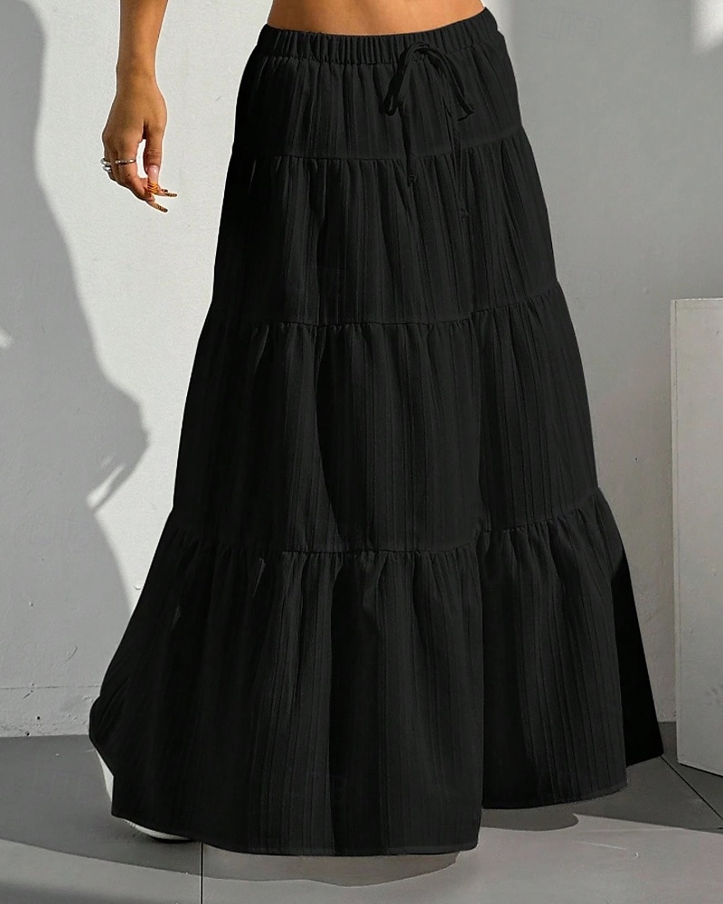 Damen Rock Schwingend Mode Maxi Mittlere Hüfthöhe Röcke Einfach Gerafft Kordelzug Mikroelastisch Urlaub Ausgehen Schwarz Weiß Rot Braun Sommer Polyester 2025 - $17.99 –P4