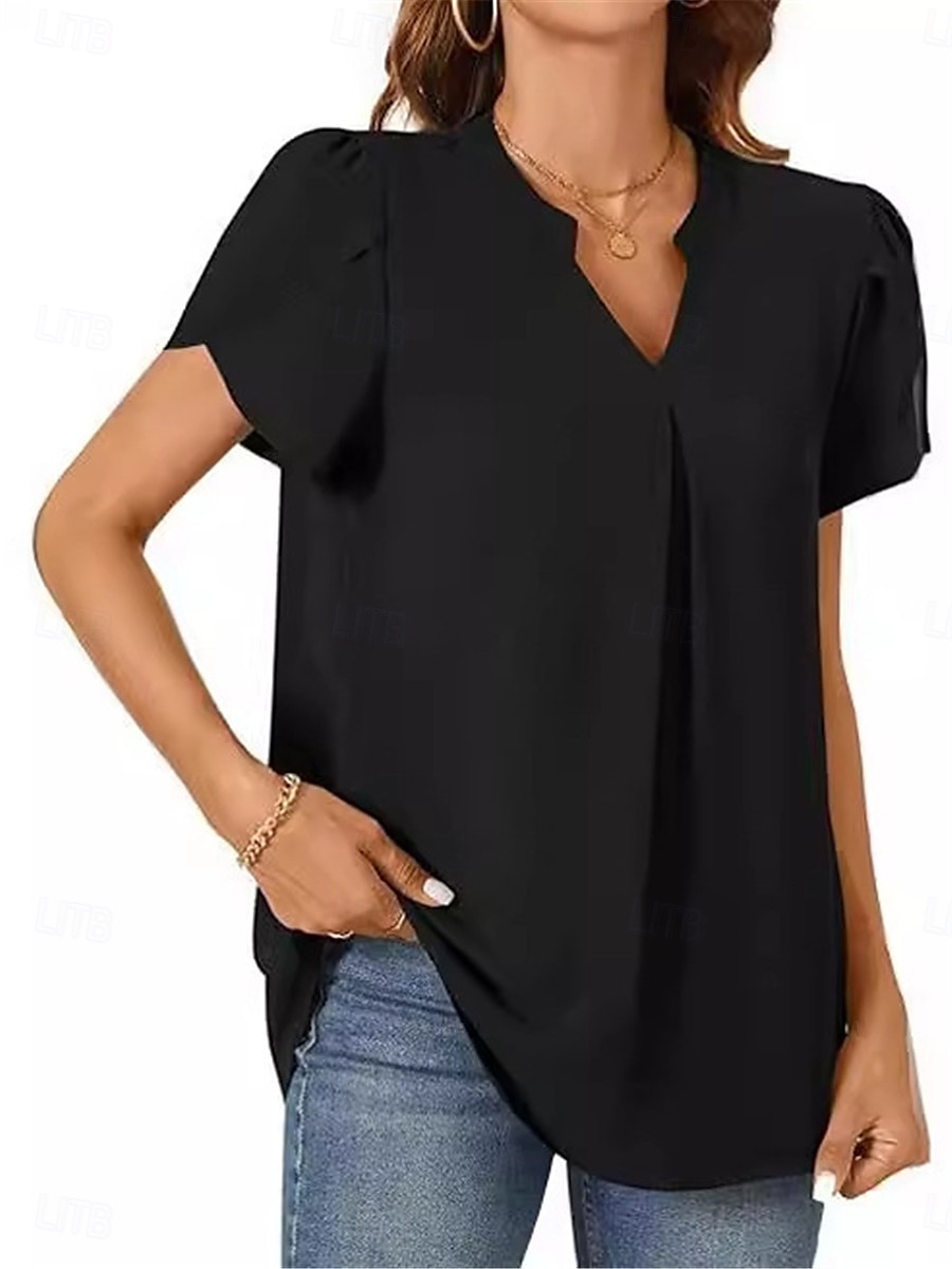 Femmes Chemisier Couleur Unie Élégant Basique Occasionnel Manche Courte Col en V Hauts Réguliers Quotidien Noir Blanche Bleu Vert Abricot Été de 2025 ? $19.99 –P9