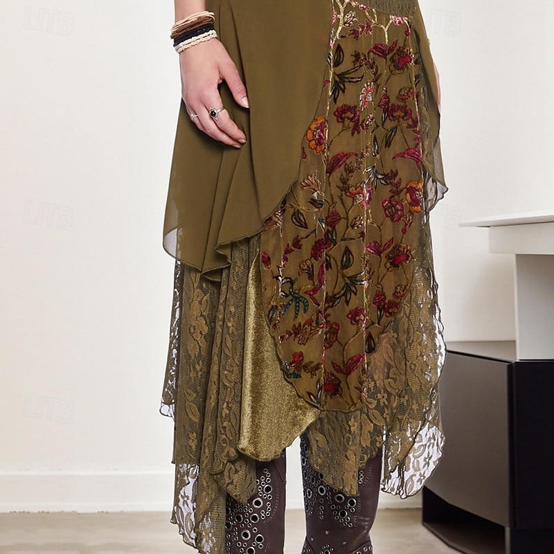 Femmes Jupe Mode Boho Midi Taille Basse Jupes Fleuri Dentelle Épissure Imprimé Micro-Élastique Vacances Rue Marron Été Polyester de 2025 ? $36.99 –P4