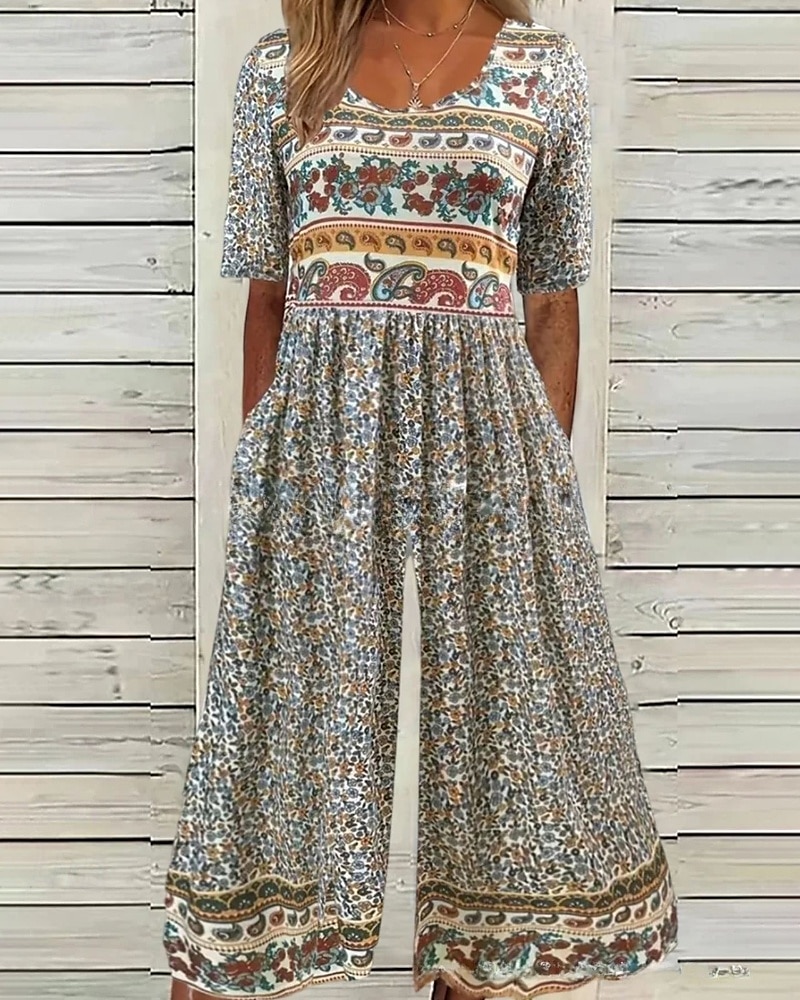 Mulheres Normal Macacão Casual Floral Manga Curta Gola Redonda Imprimir Rua Diário Normal Azul Damasco Verão de 2026 por $31.99 –P1