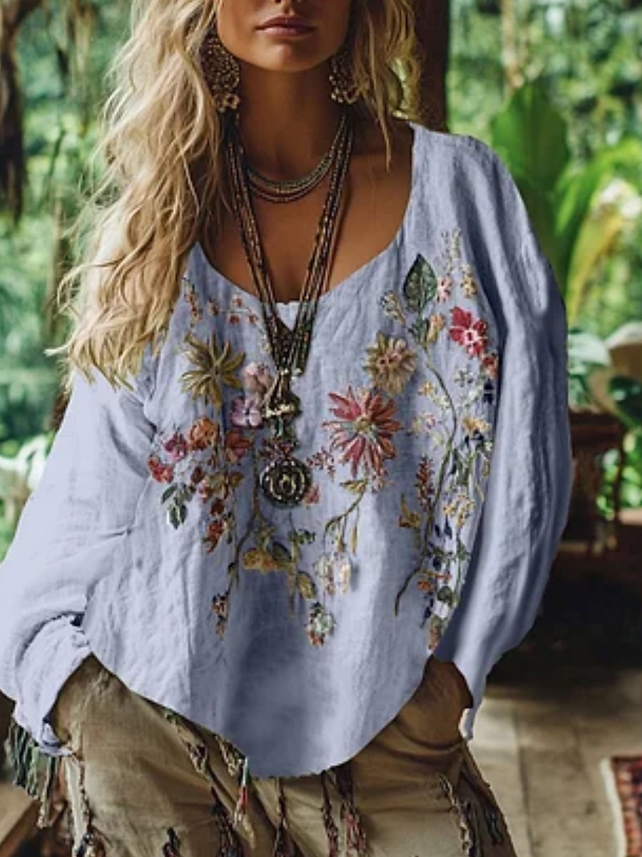 damebluse vestlig bohemsk skjortebluse blomst moderne avslappet langermet v-hals vanlig topper daglig ferie ute trykk hvit rosa blå lilla grønn sommer høst 2025 - $19.99 –P1