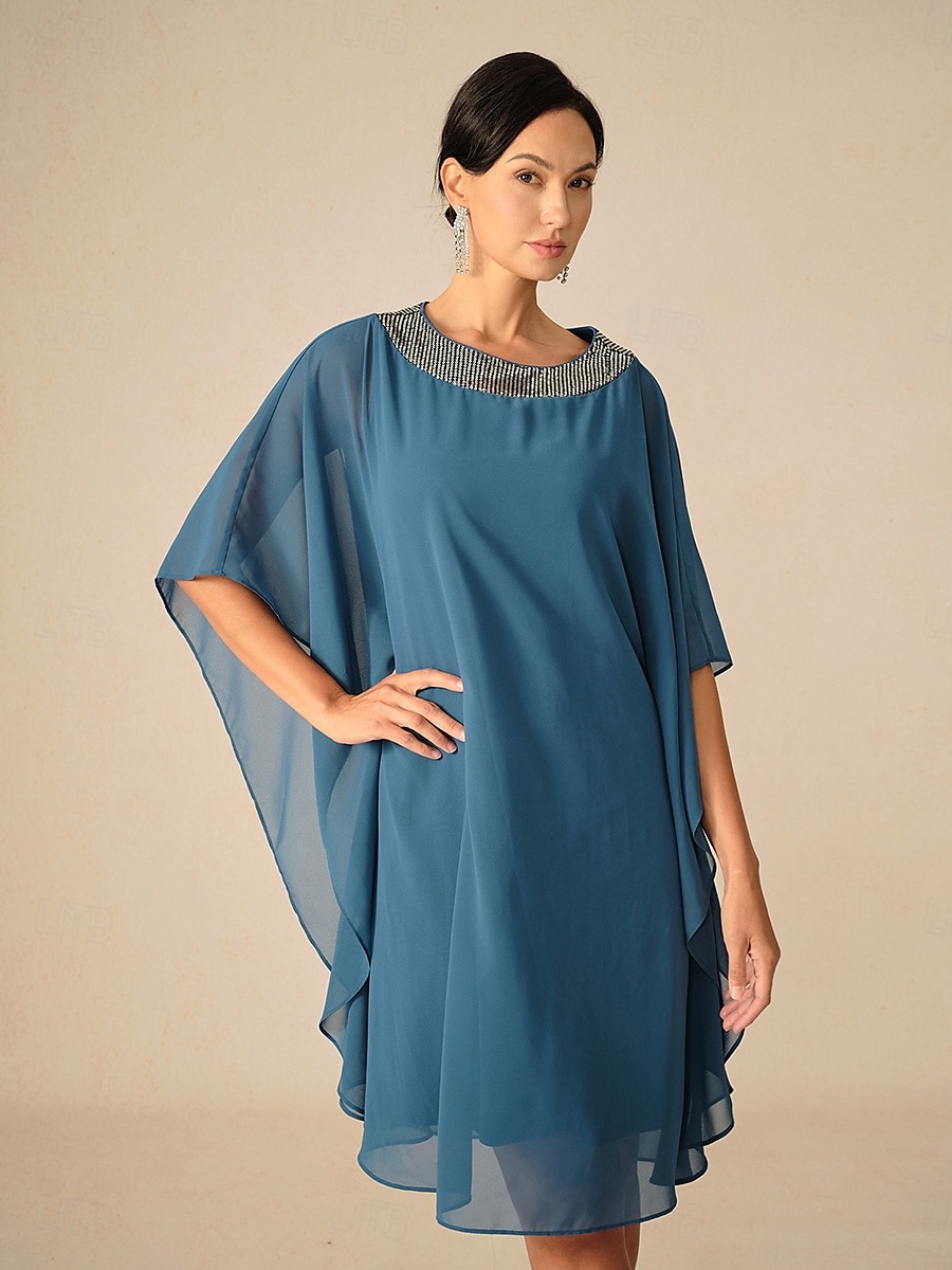 Damen Knielanges Kleid Chiffonkleid Elegant Party Einfarbig Halbarm Rundhalsausschnitt Blau Sommer Frühling Herbst 2025 - $79.99 –P5