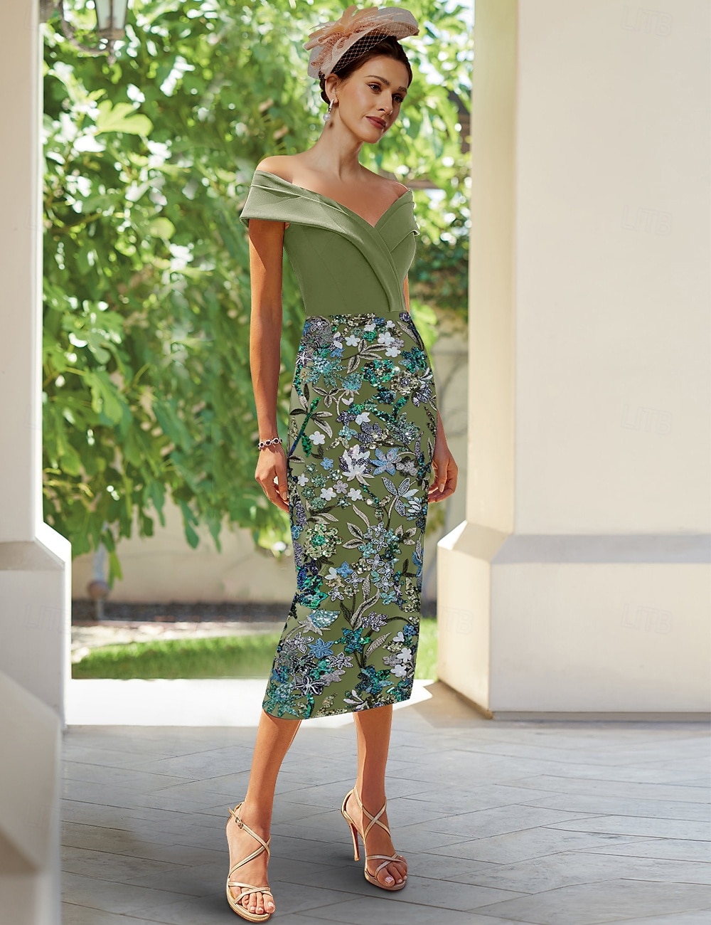 Robes cocktail brodées en colonne bleu vert vintage invitée à un mariage longueur cheville manches courtes épaules dénudées convertible crêpe extensible avec fente de 2025 ? $164.99 –P4