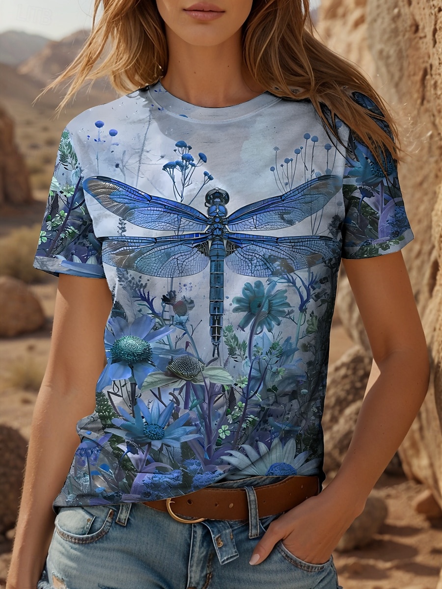 Femmes T-shirt Fleuri Graphique Libellule ancien Élégant Classique Manche Courte Col ras du cou Col rond Hauts Réguliers Quotidien Imprimé Jaune Rouge Bleu Violet Vert Été Printemps de 2025 ? $19.99 –P4