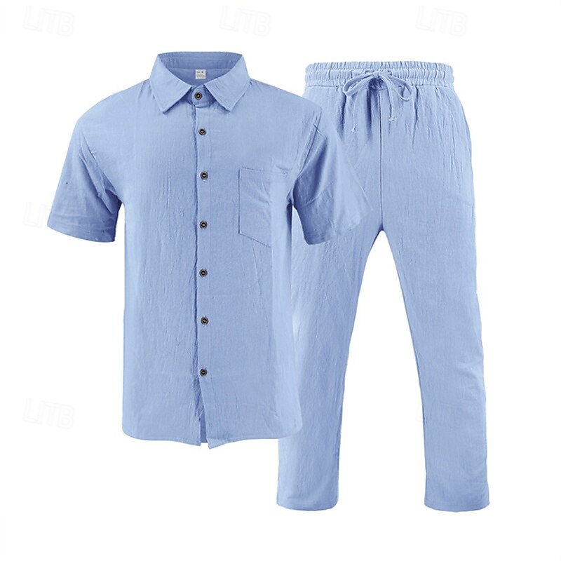 Men's Shirt Suits Shirt and Pant Sets 2 Pieces Outfits Short Sleeve Lapel Summer Plain Fashion Casual 2 Piece Vacation Daily Wear Going out Black White Khaki Top Tee for Men 2025 - $40.99 –P18