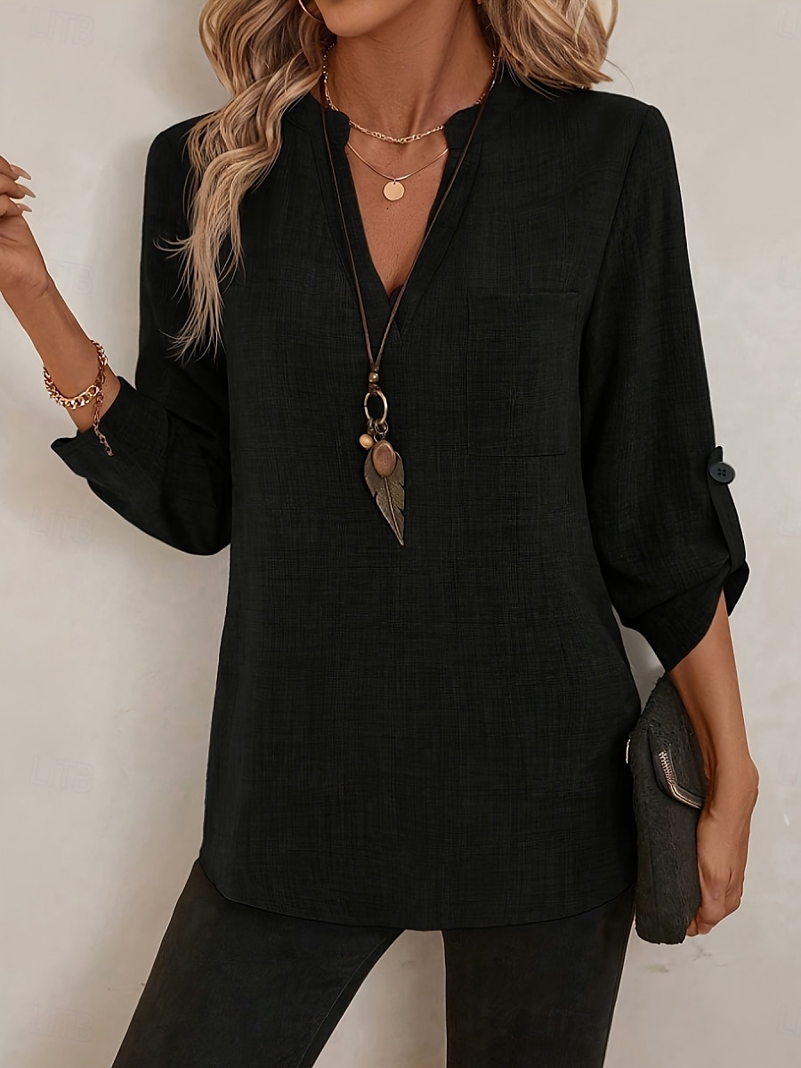 Femmes Chemise Uni Basique Occasionnel manche longue Encolure en V Hauts Réguliers Quotidien Boutons Noir Rose Claire Bleu Roi Bleu Vert Été Printemps de 2025 ? $17.99 –P9