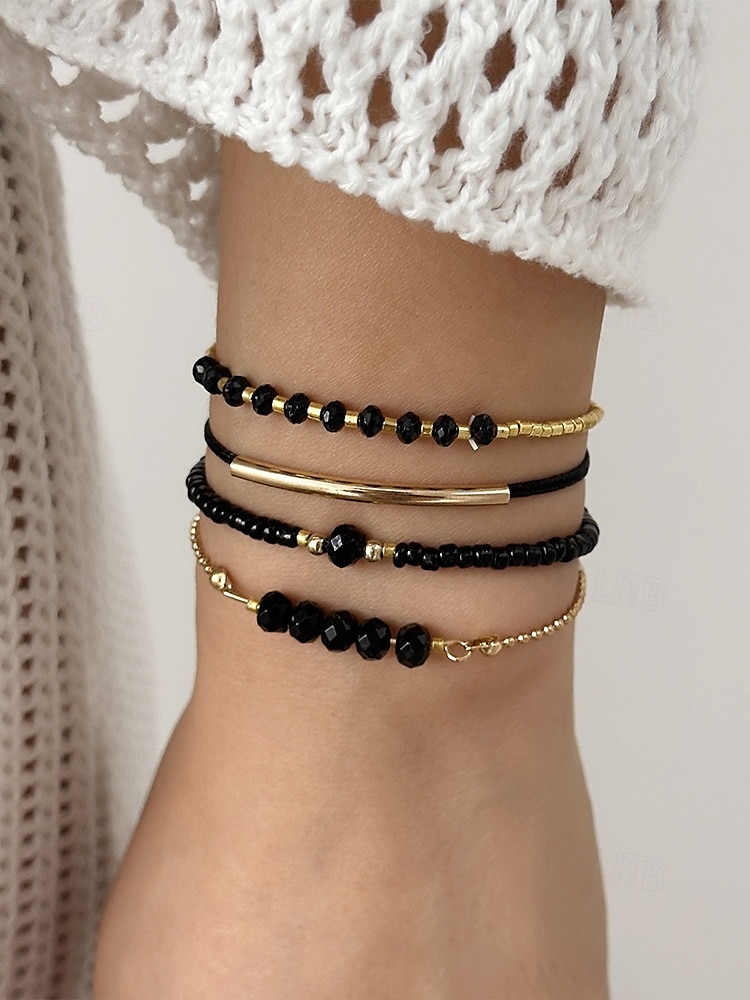 Set bohemian zwarte kralenarmbanden voor dames, met gouden versiering, verstelbaar, modieuze en trendy sieraden, geschikt voor dagelijks gebruik, op reis en voor feestjes 2025 - $9.99 –P2