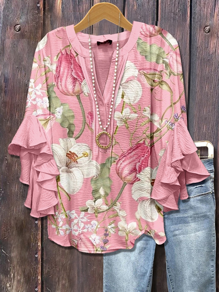 Women's Blouse V Neck Layered Ruffle Sleeve Tops Floral Graphic Vintage Daily Ethnic 3/4 Length Sleeve Regular Tops Daily Holiday Vacation Wear Print Pink Blue Purple Summer Spring 2026 - $32.99 –P1