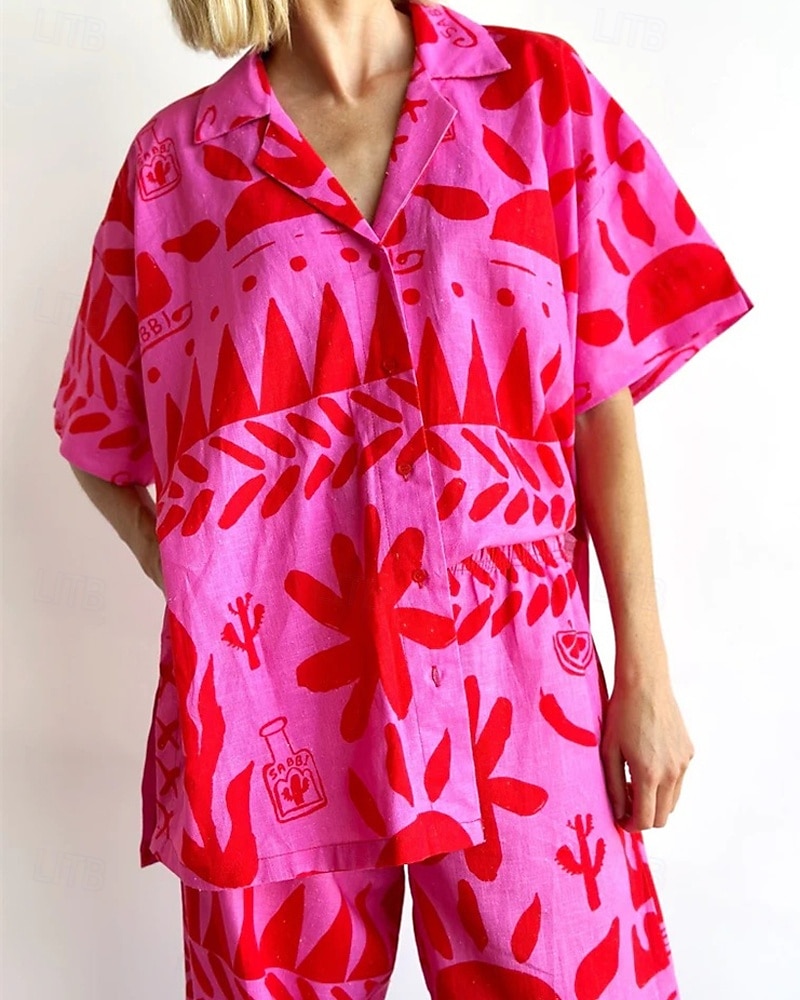 Femmes Mode Streetwear Chemises en coton et lin Ensembles en coton et lin Ensembles de Pantalons Manche Courte Col de chemise Fleuri Imprimé Tenue quotidienne Date Rose Claire Été Coupe régulière de 2025 ? $43.99 –P5