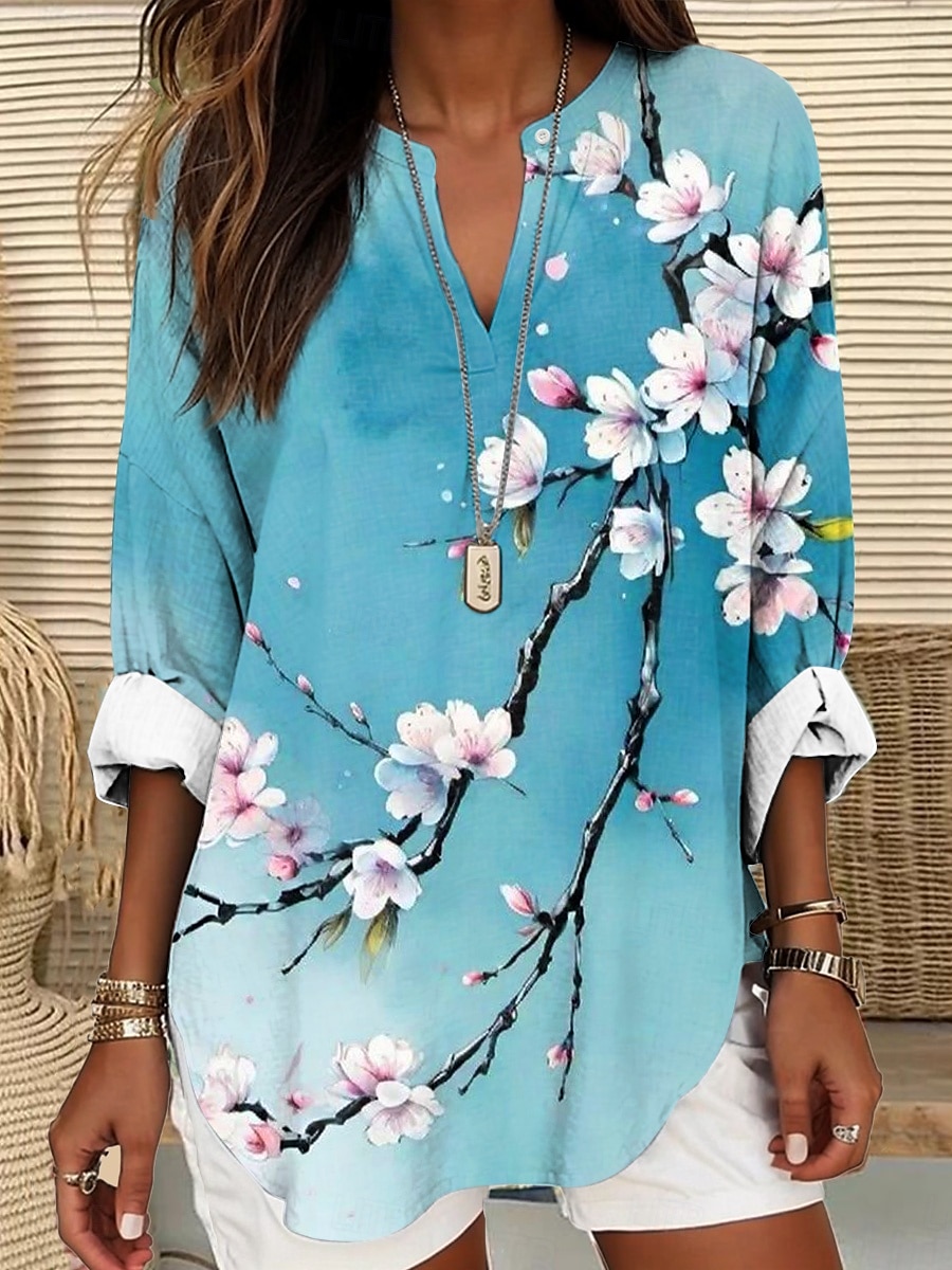 Femmes Hauts d'été Fleuri Graphique ancien Tropical Hawaïen manche longue Col en V Hauts Réguliers Quotidien Fête Tenue de plage Imprimé Blanche Vert Claire Bleu Kaki Été Printemps de 2025 ? $24.99 –P1