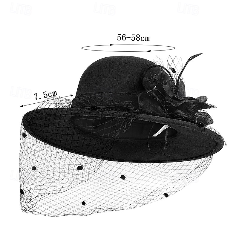 Vintage Fedora Bucket Hat with Removable Mesh Flowers Feathers Elegant Ladies Bowler Hat Winter Warm Wide Brim Church Derby Hat for Wedding Race Banquet 2025 - $23.99 –P2