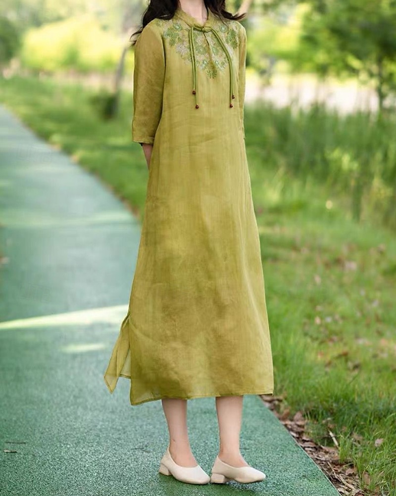 Pentru femei Rochii Midi Rochie din in bumbac Rochie florala Modă Modern Vacanță Zilnic Concediu Fit regulat Floare Manșon Jumate Guler de stand Roz Îmbujorat Albastru piscină Trifoi Caisă Vară 2025 - $28.99 –P2