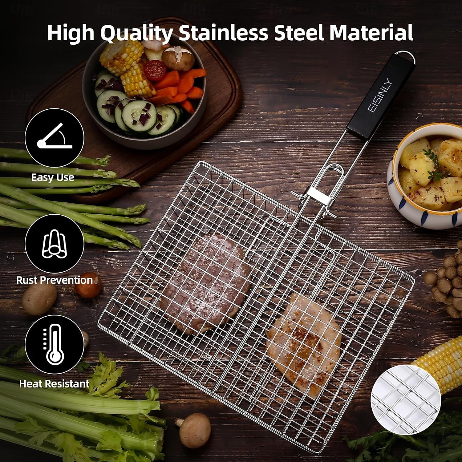 grill grill grill kosár fogantyúval rozsdamentes acél grill kosár kültéri kemping grill állvány halaknak, garnéláknak, zöldségeknek 2025 - $16.99 –P7