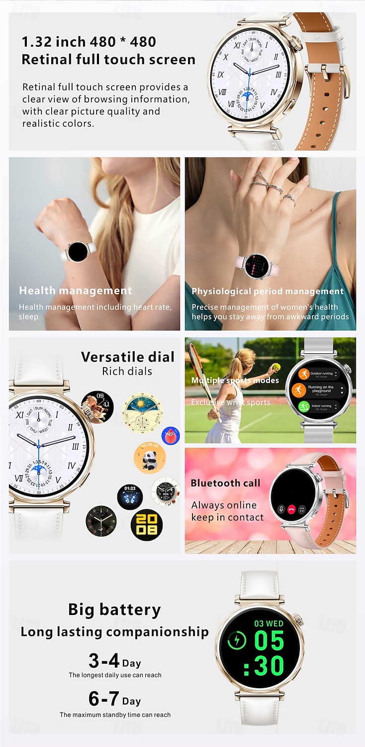2025年 S6mini スマートウォッチ 1.32インチ AMOLED 女性用フィットネストラッカー、Bluetooth通話、睡眠モニター、NFCロック解除、生理リマインダー、スポーツモード、IP67防水、Android iOS対応 コレクション – $66.99 –P2