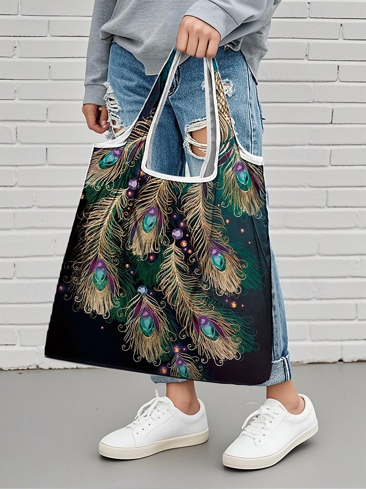 Sac fourre-tout pliable à imprimé paon pour femme - Sac de courses réutilisable de grande capacité avec un design aquarelle élégant, léger et élégant, idéal pour un usage quotidien, les voyages et les achats écologiques de 2025 ? $14.99 –P2