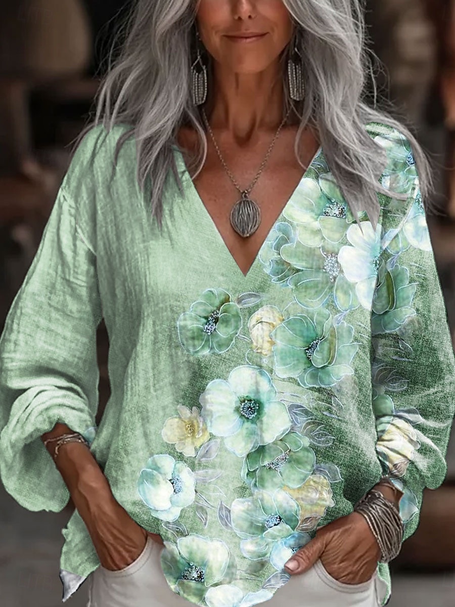 Femmes Chemisier Fleuri Graphique Élégant Occasionnel Manche 3/4 Col en V Hauts Réguliers Quotidien Bleu Violet Vert Été Printemps de 2025 ? $24.99 –P2