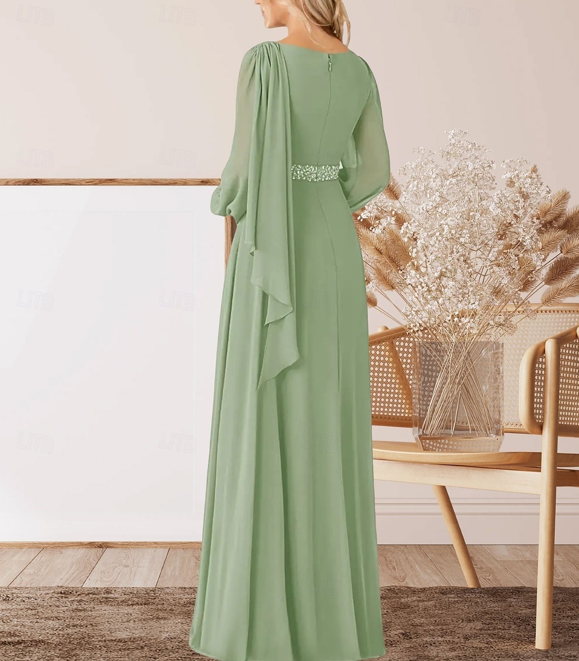 Robe A-Ligne pour Mère de la Mariée Invité de Mariage Élégante Col Arrondi Longueur Sol Chiffon Manches Longues avec Perles Ruché de 2025 ? $161.99 –P2