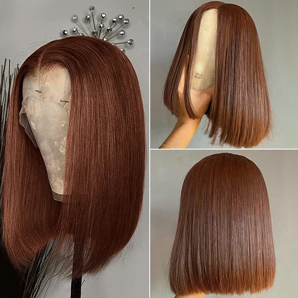 Parrucca in pizzo bobo corto 13*4 con capelli umani castani 4#, capelli umani lisci, densità 150% del 2025 a $150.99 –P3
