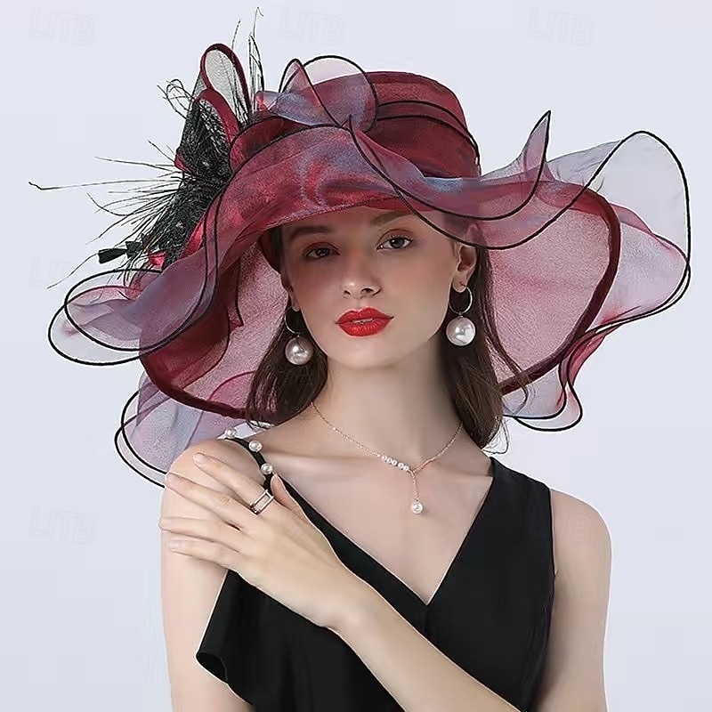 Women Elegant Organza Derby Hat Wide Brim Sun Hats for  display picture 1