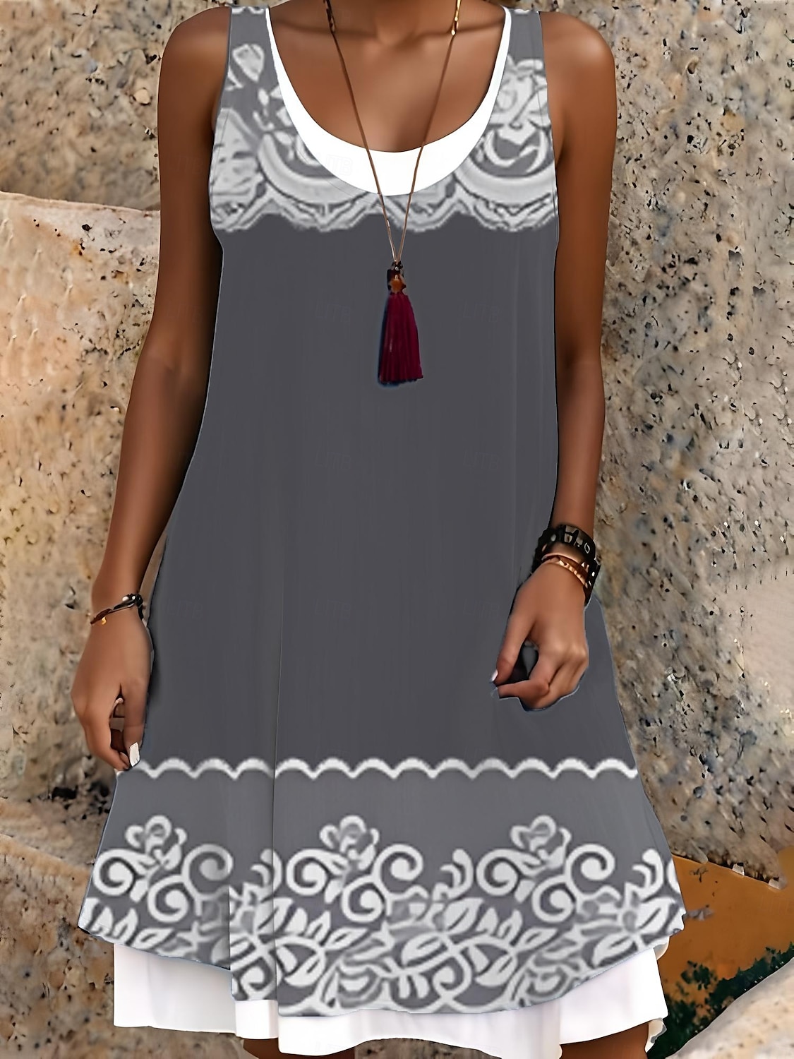 Damen Midikleid Trägerkleid Mode Klassisch Outdoor Täglich Wochenende Normale Passform Grafik Geometrisch Ärmellos Rundhalsausschnitt Hellgrau Sommer Frühling Herbst 2025 - $21.99 –P1