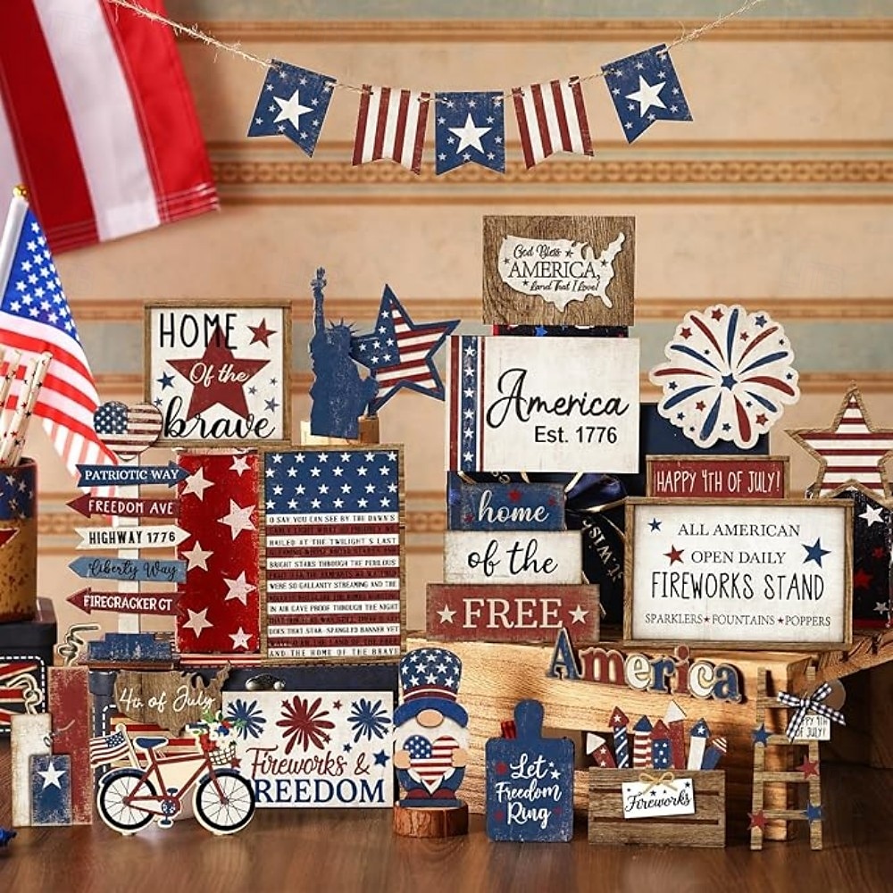 Patriotic Tiered Tray Decor Set for 4th of July and Memorial Day, Rustic Wooden Red White Blue Signs, Vintage Farmhouse Independence Day Table Decorations, Glow Americana Party Decor 2025 - $22.99 –P2