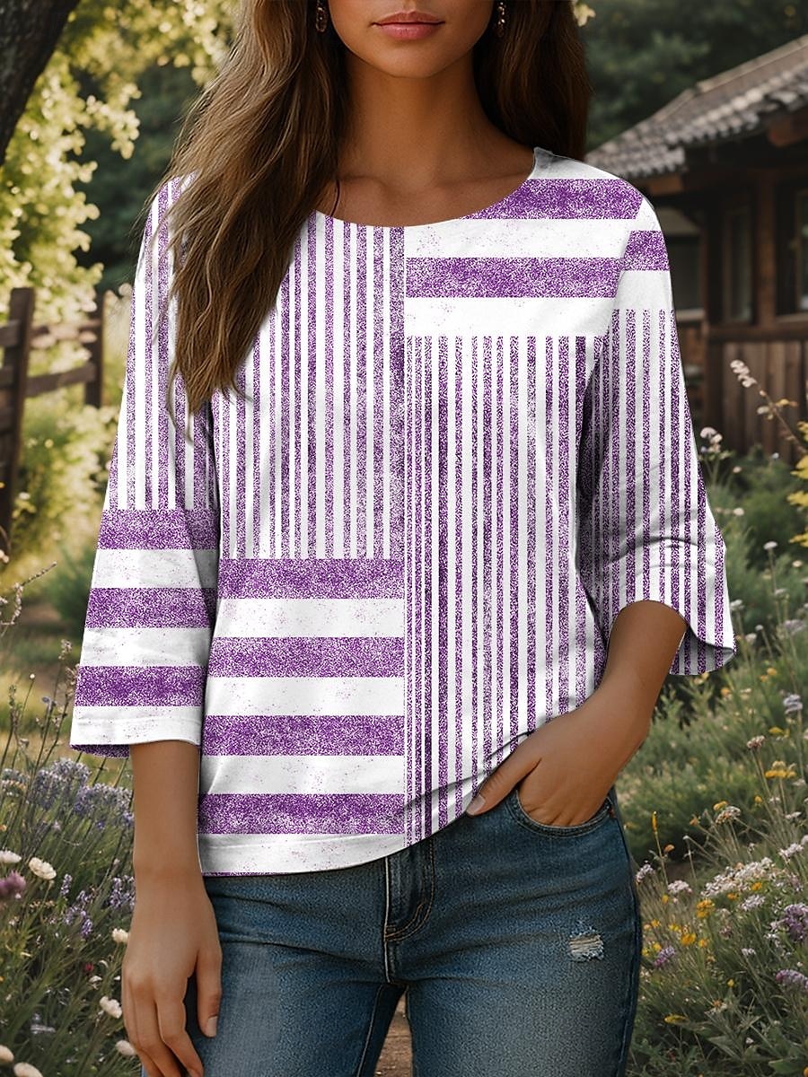 Dame Bluse Grafisk Stripet Bohem Daglig Etnisk 3/4 ermer Crew-hals Vanlige topper Daglig Ferie Trykt mønster Blå Lilla Grønn Kakifarget Sommer Vår 2025 - $27.99 –P4