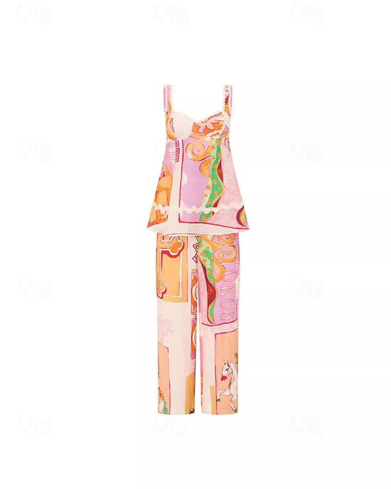Pentru femei Modă Șic Stradă Cămăși Bumbac In Seturi de lenjerie de bumbac Seturi de pantaloni Fără manșon Guler Cămașă Geometric Imprimeu Purtare Zilnică Dată Roz Îmbujorat Vară Fit regulat 2025 - $44.99 –P5