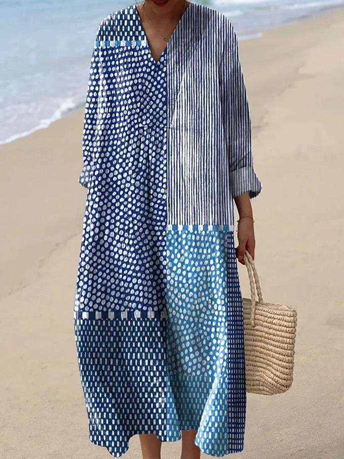 Women's Midi Dress Sundress A Line Dress Vacation Casual Boho Going out Beach Graphic Geometric Stripe Long Sleeve V Neck Black Yellow Dark Pink Blue Summer Spring 2025 - $35.99 –P1