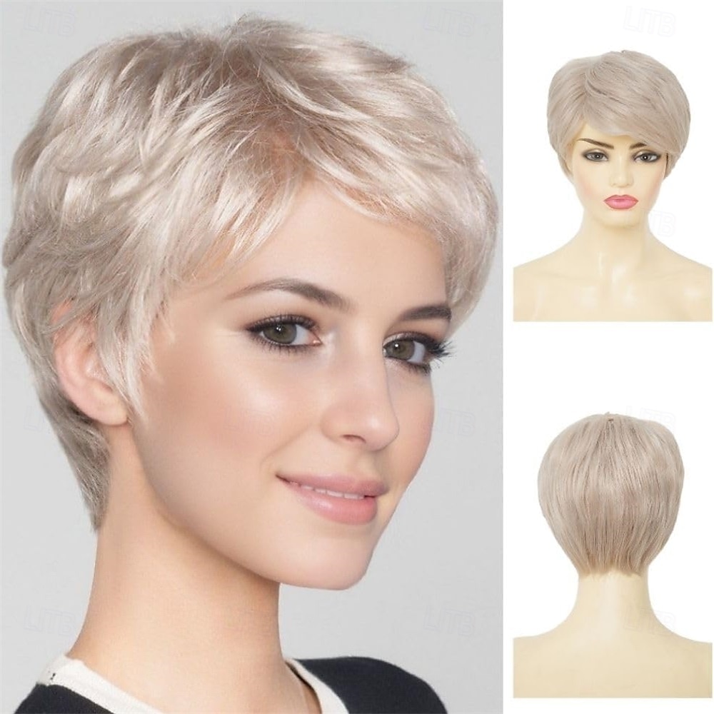 Parrucca da donna corta, bionda, bianca, con taglio pixie, liscia, riga laterale, a strati, in fibra sintetica, ispida, per vecchie signore, per uso quotidiano del 2025 a $25.99 –P1