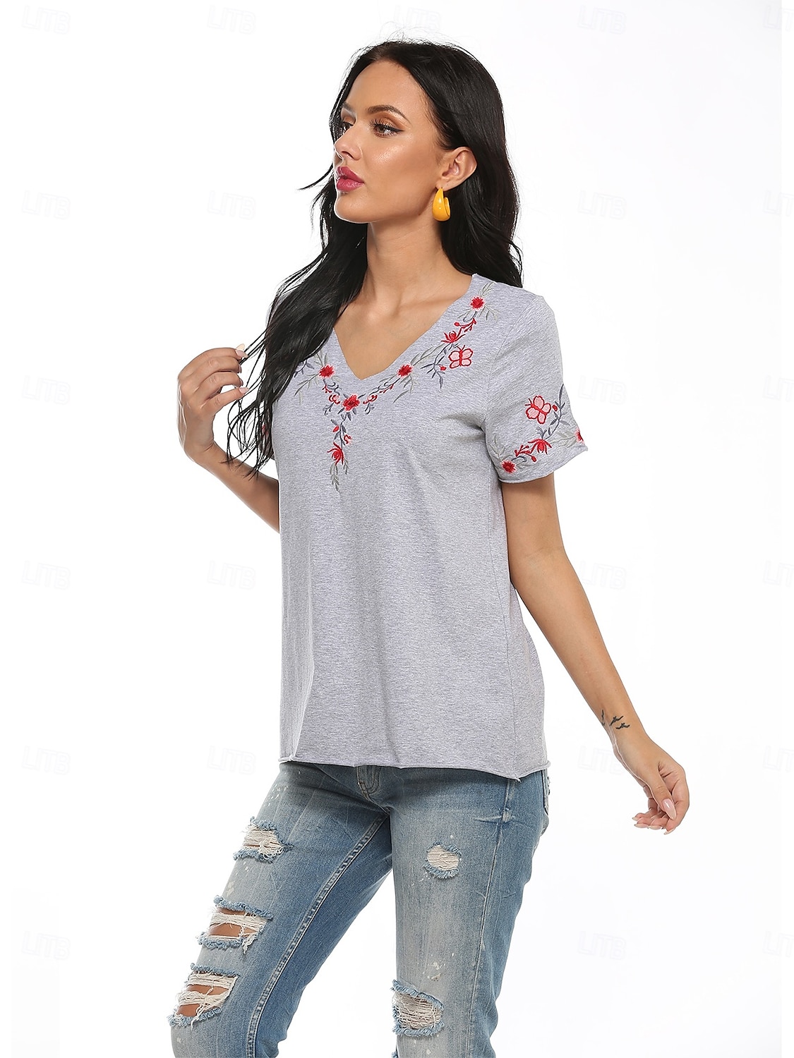 Erntedank Damen Baumwollhemd Einfach Bohemien Stilvoll Basic Kurzarm Puffärmel V Ausschnitt Normale Oberteile Täglich Sport Ausgehen Grau Sommer 2025 - $22.99 –P6