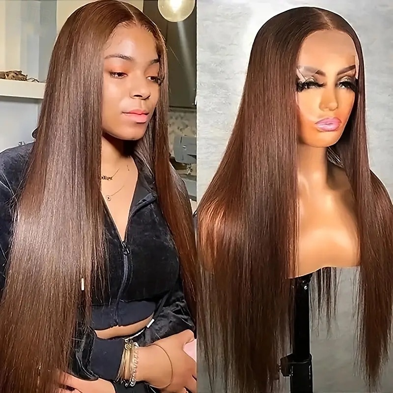 Parrucca in capelli umani castani 4#, parrucca in pizzo 360, parrucca in pizzo di capelli umani lisci, densità 150% del 2025 a $184.99 –P3