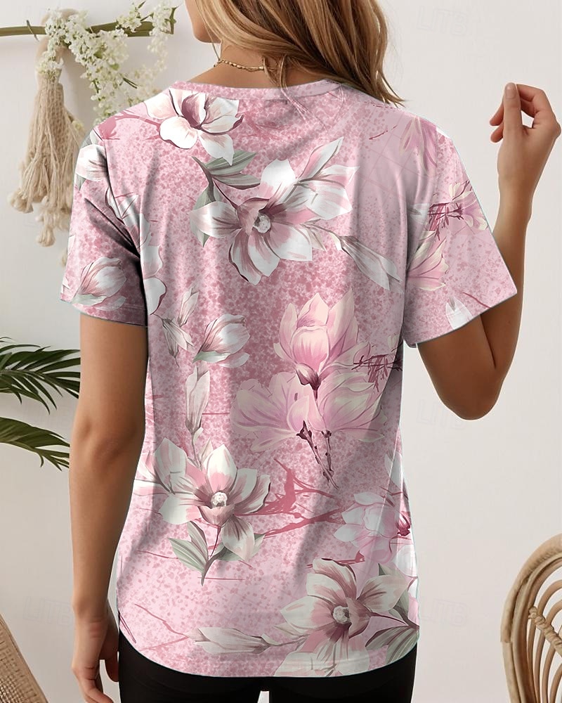 Per donna Maglietta Floreale Grafico Piante Vintage Elegante Casual Manica Corta Scollo a V Top Regolari Quotidiano Stampato Rosa Blu Estate Primavera del 2025 a $19.99 –P3