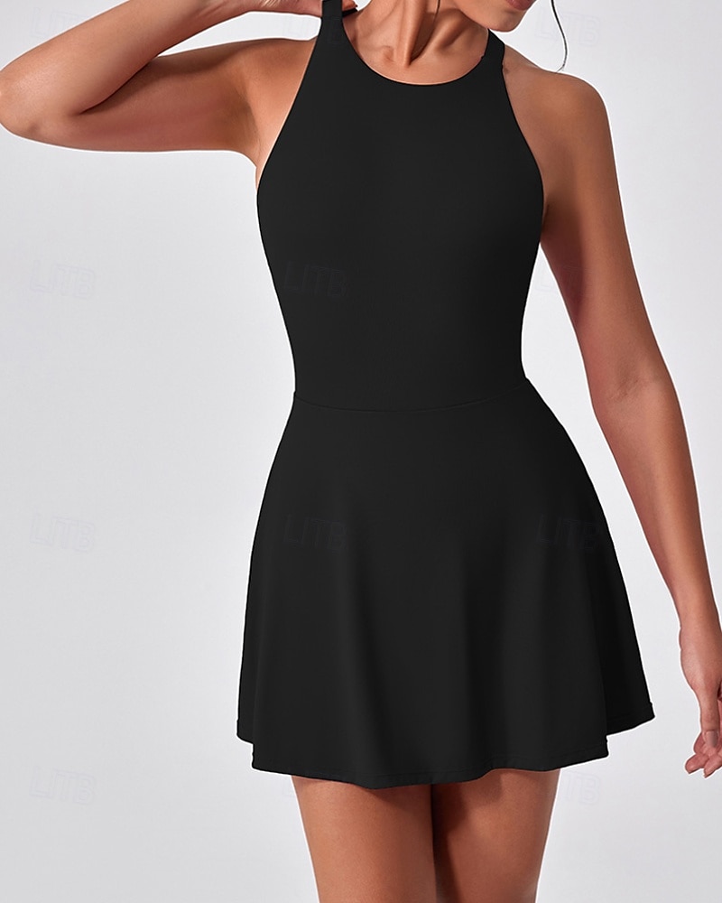 Per donna Tinta unita Abito da tennis con pantaloncini e reggiseno incorporati Abito sportivo Senza Maniche Arricciato Traspirante Tennis Pickleball Il giro Vestito Nero Blu marino scuro Marrone del 2026 a $39.99 –P20