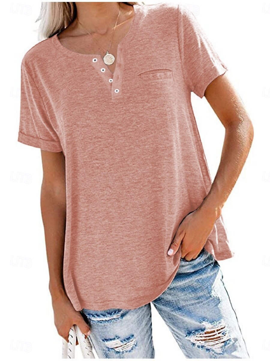 Women's Blouse Solid Color Stylish Casual Short Sleeve V Neck Regular Tops Daily Buttons Pocket Pink Wine Blue Khaki Gray Summer 2025 - $17.99 –P4