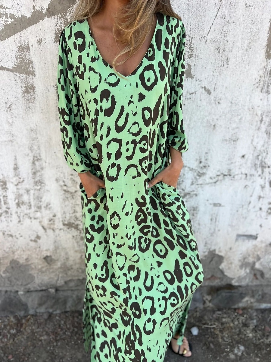 Damen Maxikleid A Linie Kleid Lässig Outdoor Ausgehen Normale Passform Leopard Langarm V Ausschnitt Weiß Himmelblau Dunkelgrün Grün Sommer 2025 - $21.99 –P7