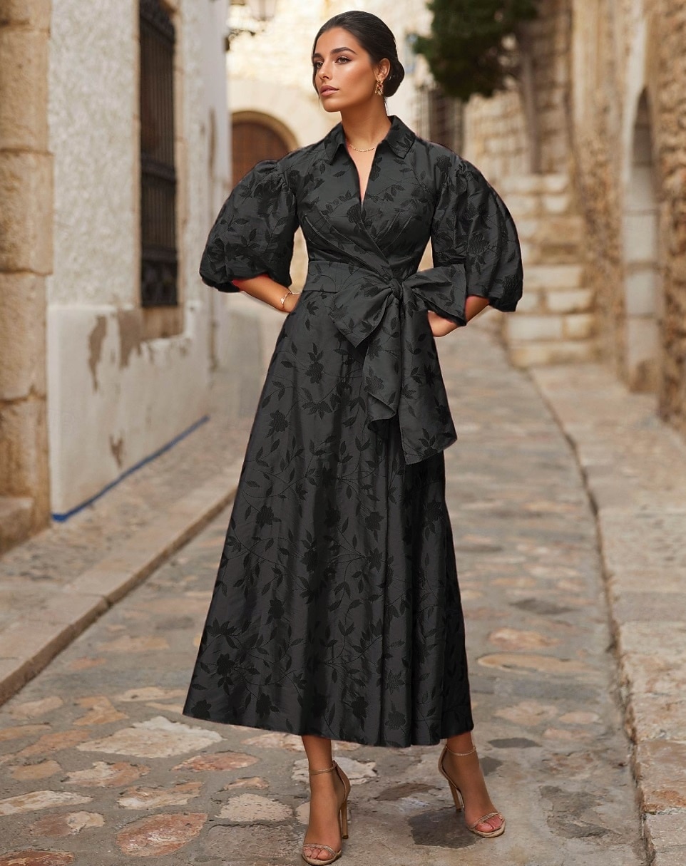A-Line Cocktail Dresses Elegant Dress Formal Wedding Floor Length 3/4 Length Sleeve Shirt Collar Pocket Satin with Floral Print Bow(s) Slit Wedding Guest Dress 2025 2025 - $157.99 –P1
