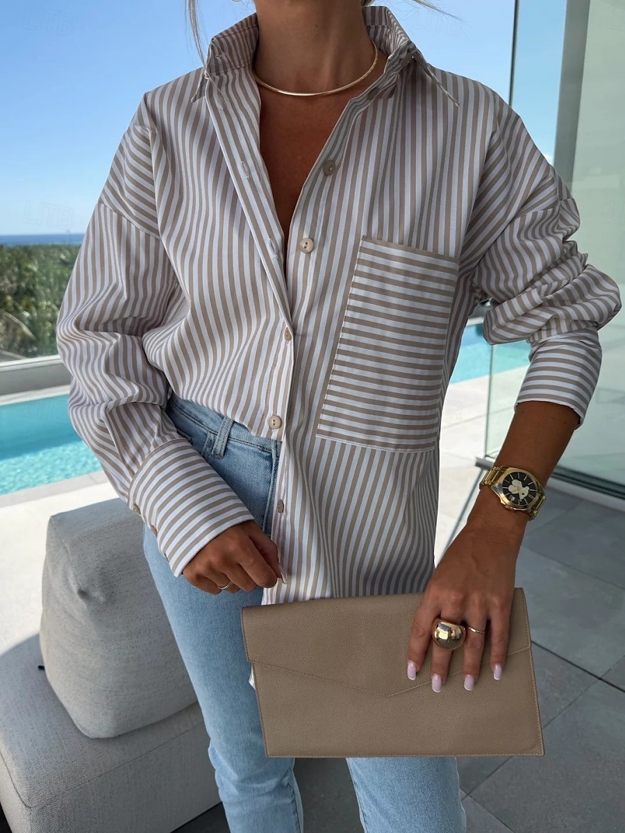 Dames Overhemd Bloemig Stijlvol Casual Lange mouw Overhemdkraag Normale tops Dagelijks Knop Zak Afdrukken Blozend Roze blauw Khaki Zomer Lente 2025 - $28.99 –P10