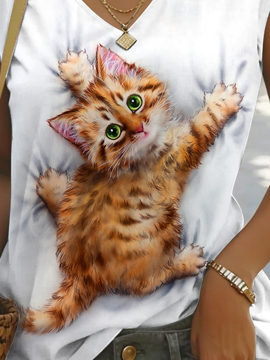 Canotta da donna Kayomi Harai, grafica, animale, gatto, elegante, classica, casual, senza maniche, scollo a V, top normali, quotidiano, stampa, nero, bianco, giallo, estate, primavera del 2025 a $17.99 –P3