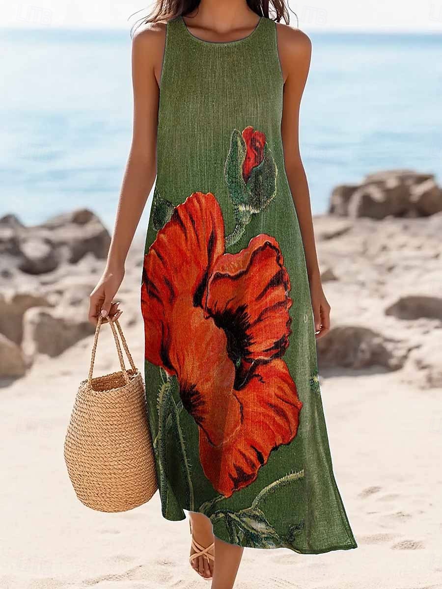 Damen Maxikleid Sommerkleid Shiftkleid Schulterfreies Kleid Lässig Ausgehen Strand Normale Passform Blumen Grafik Ärmellos V Ausschnitt Grün Sommer Frühling 2025 - $36.99 –P1