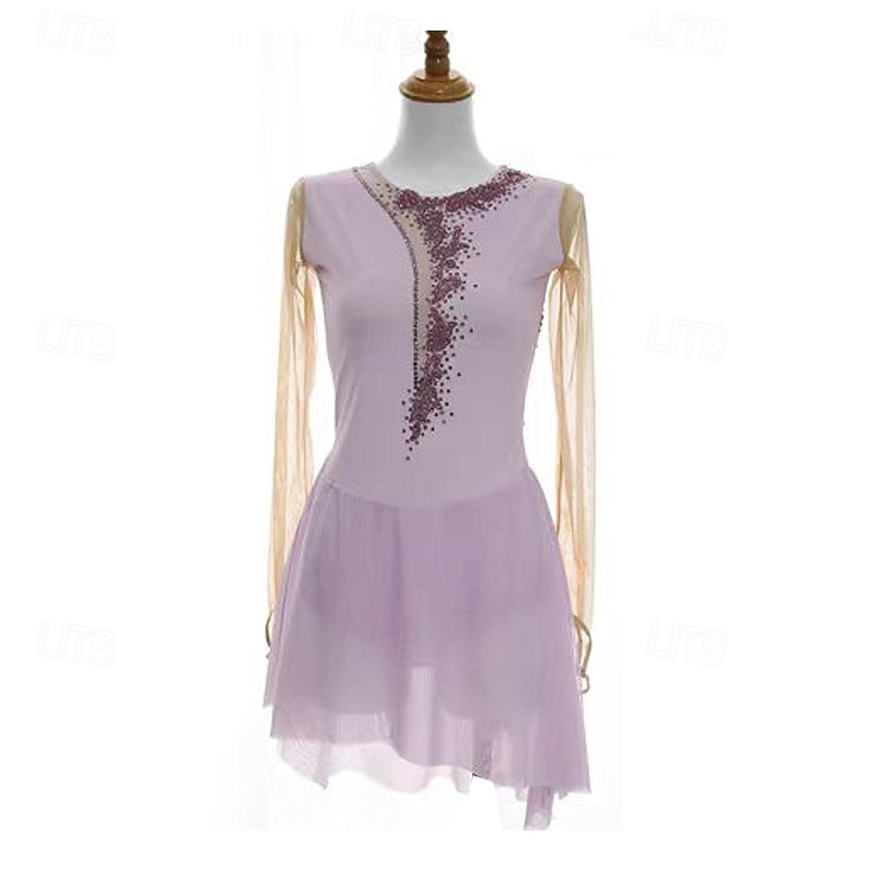 Figure Skating Dress Women's Girls' Ice Skating Dress Light Purple Patchwork Thumbhole Mesh Spandex Stretchy Training Practice Professional Skating Wear Thermal Warm Crystal / Rhinestone Long Sleeve 2026 - $242.39 –P1
