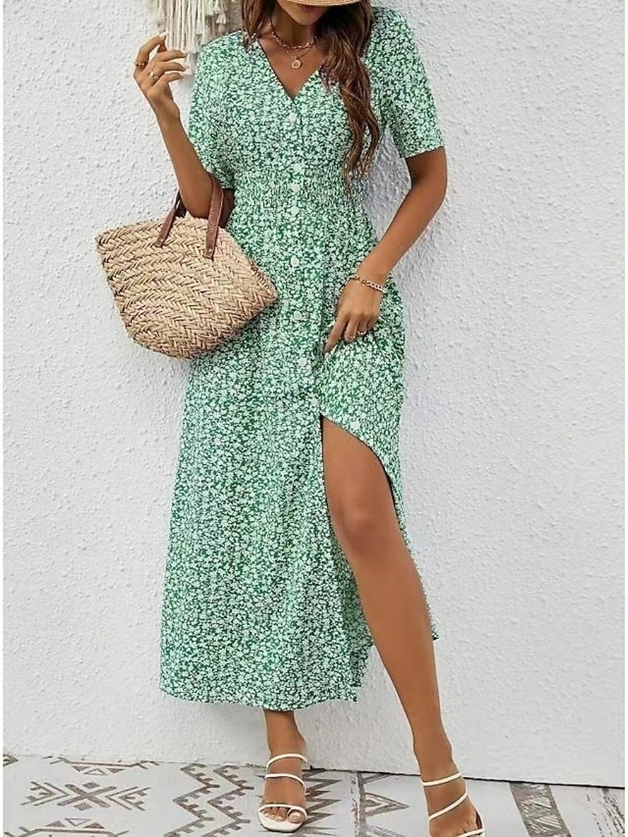 Femmes Robe maxi Robe trapèze Occasionnel Extérieur Sortir Coupe régulière Fleuri Manche Courte Col en V Bleu Vert Été de 2025 ? $39.99 –P1