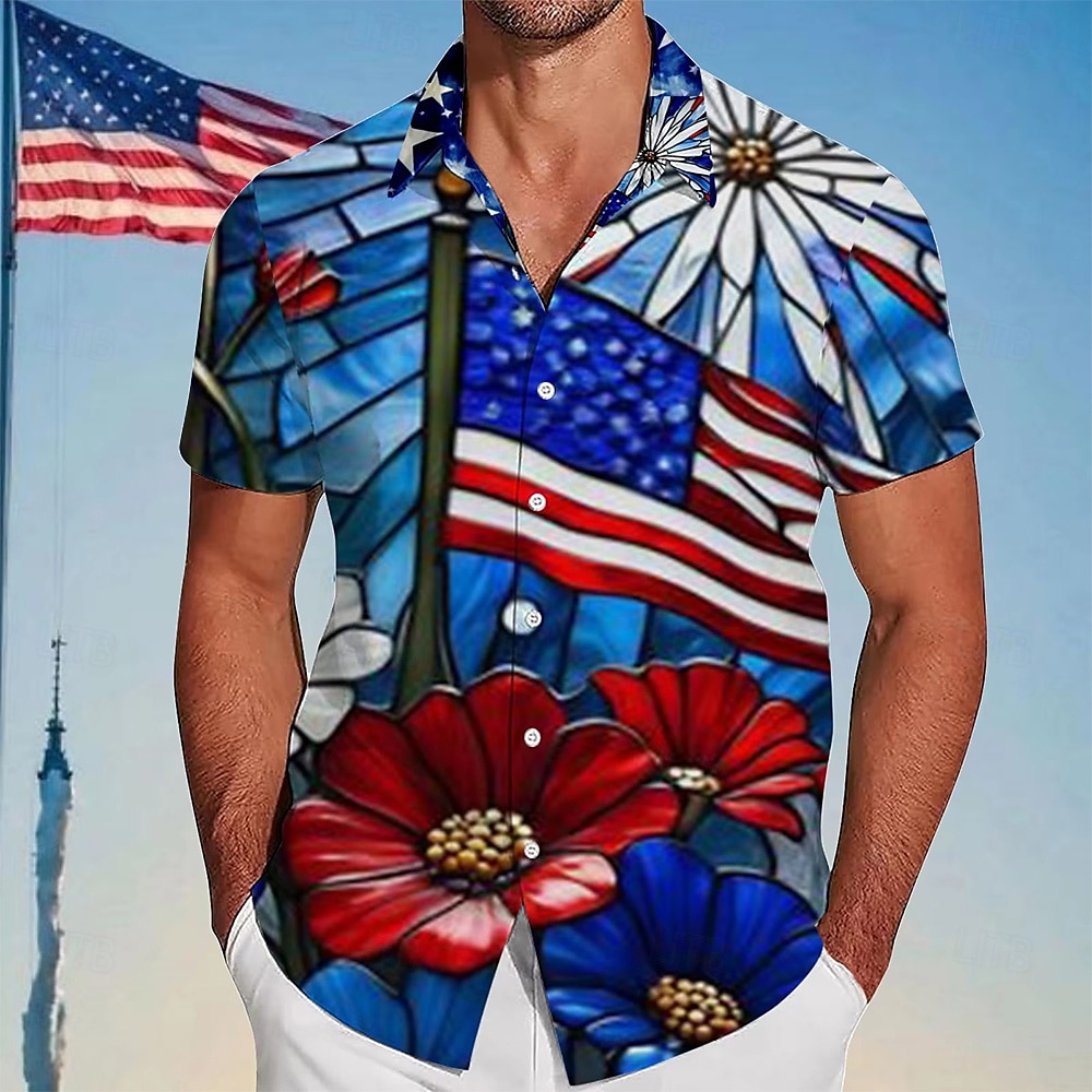 Independence Day Men's Floral Print US Flag Patriotic Shirt Summer Shirt Button Up Shirt Short Sleeve Fashion Casual Outdoor Holiday Summer Spring Turndown 3D Print Collared Shirts Red Blue 2025 - $23.99 –P1
